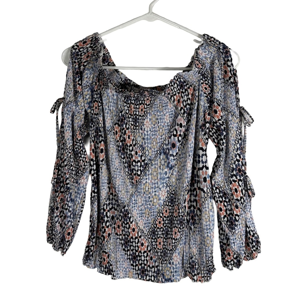 LC Lauren Conrad Women XS Plisse Off Shoulder Blouse Geometric Floral Tie Sleeve